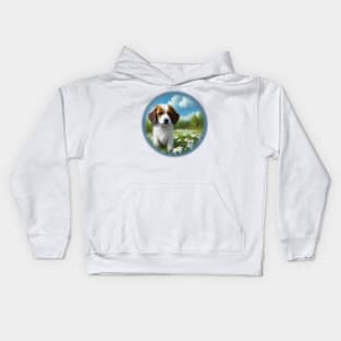 Small white dog runs through a flower field Kids Hoodie